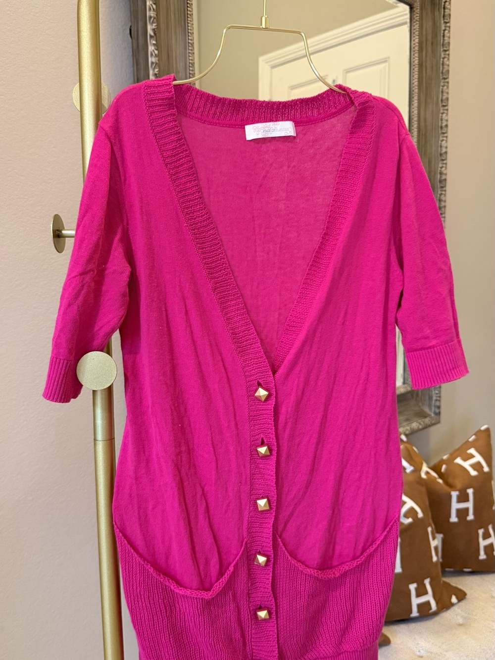 Short-Sleeve Fuchsia Button Front Cardigan Sweater